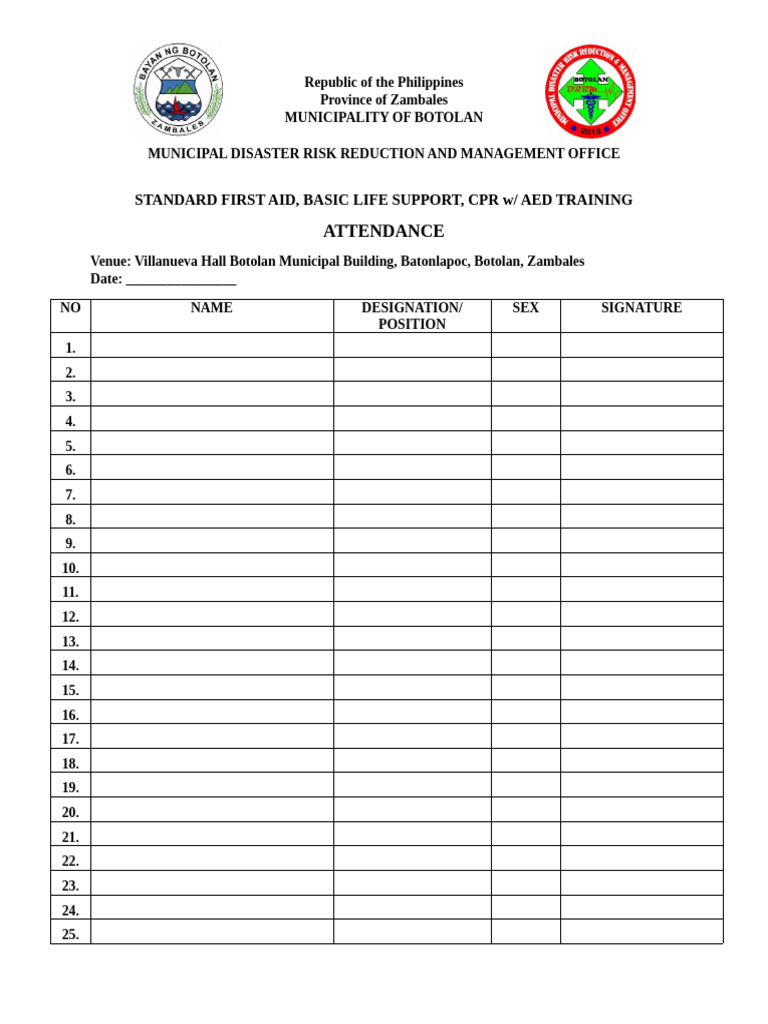 Botolan First Aid Training Attendance Sheet | PDF