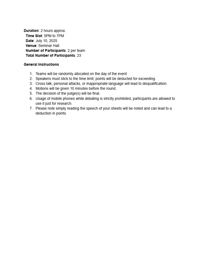 Debate Competition Rules and Guidelines | PDF