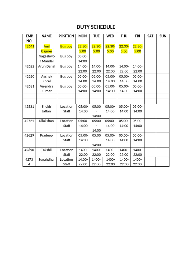 Duty Schedule: EMP NO. Name Position Mon TUE WED THU FRI SAT SUN | PDF
