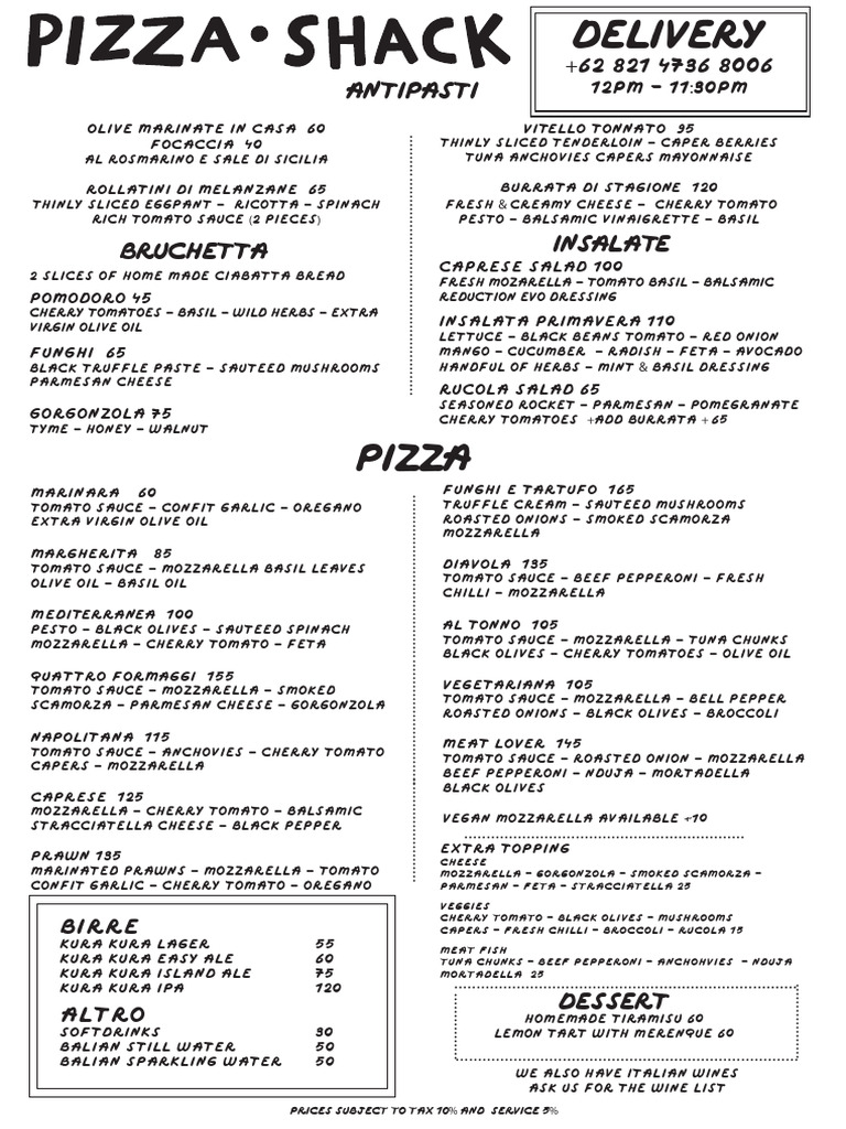 Pizza Shack Menu and Prices | PDF | Tomato Sauce | Pizza