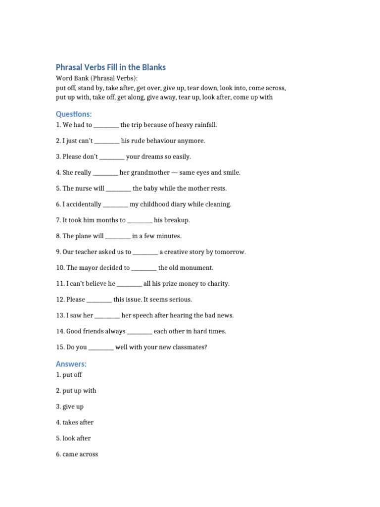 Phrasal Verbs Exercise: Fill in Blanks | PDF