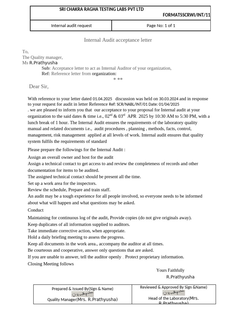 Internal Audit Acceptance Confirmation | PDF | Internal Audit | Audit