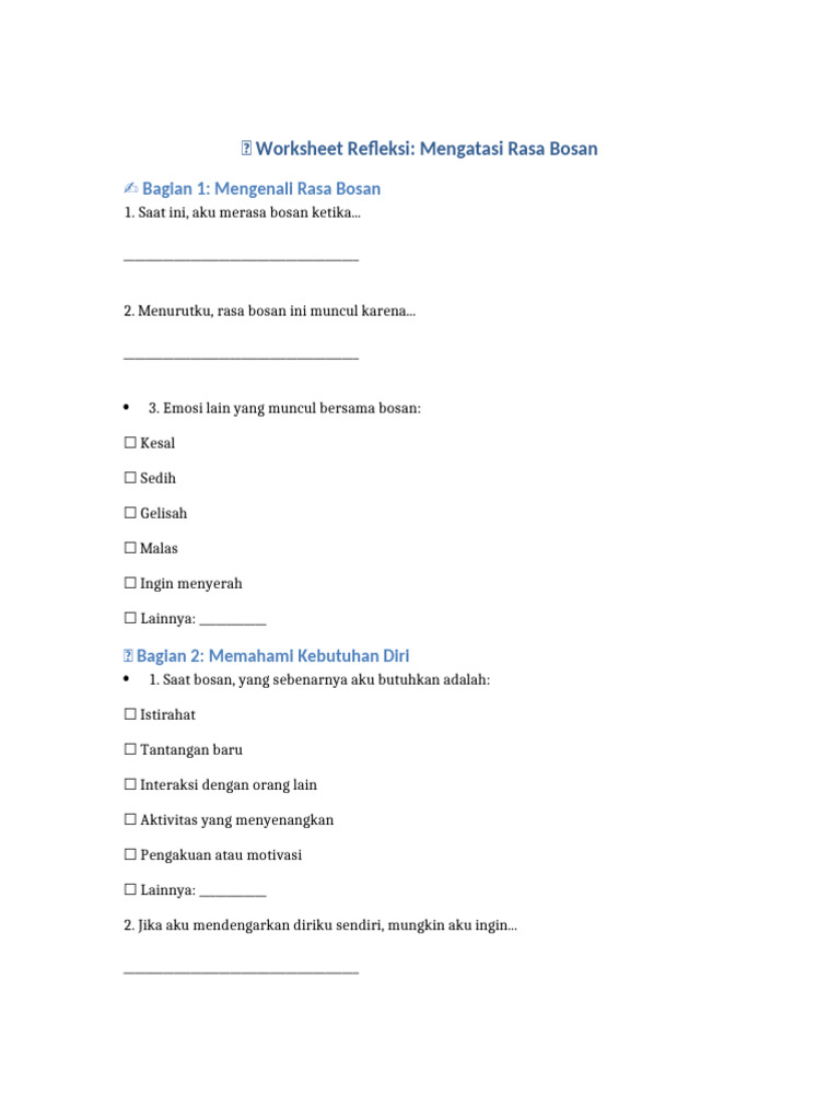 Worksheet Atasi Rasa Bosan | PDF