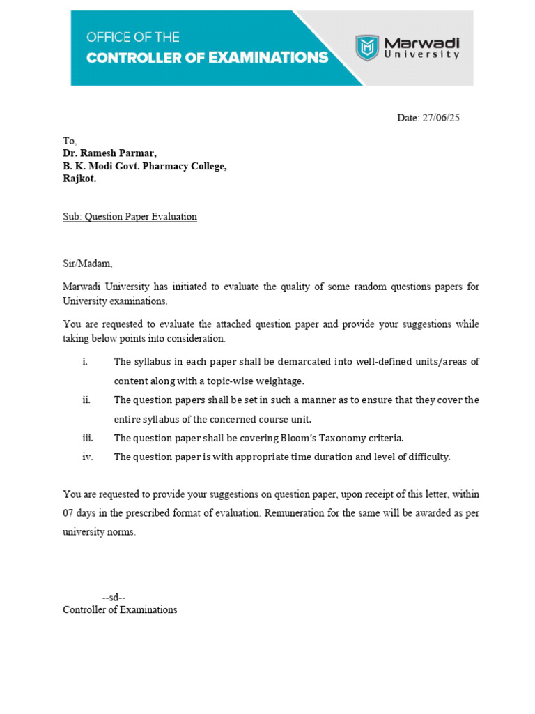 Question Paper Evaluation Request | PDF