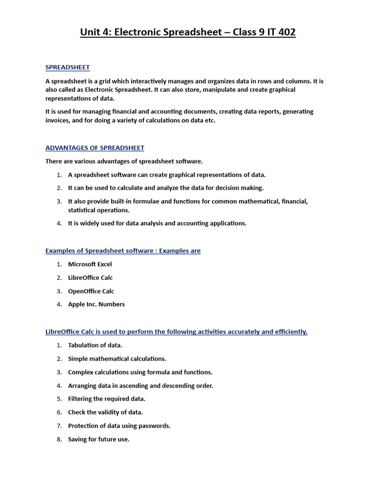 Class 9 IT: Electronic Spreadsheet Guide | PDF | Spreadsheet | Formula