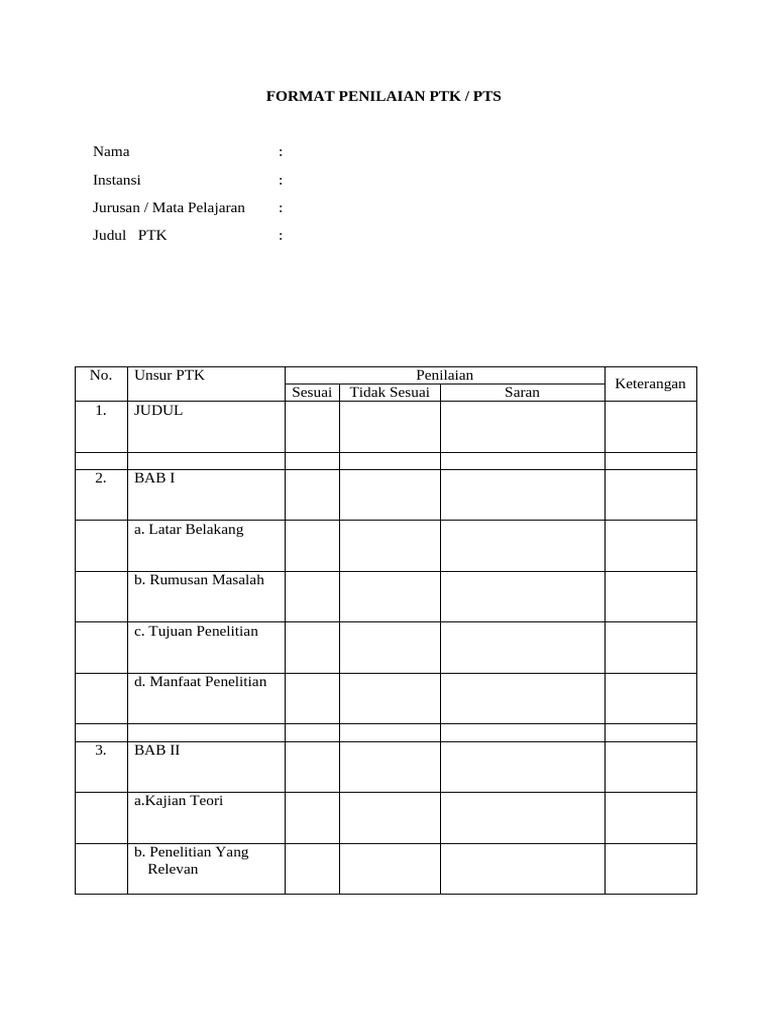 Format Penilaian PTK dan PTS Lengkap | PDF