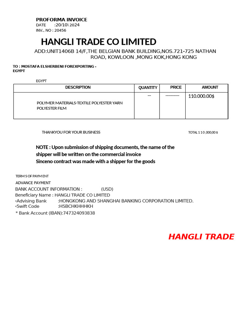 Proforma Invoice for Polyester Yarn | PDF