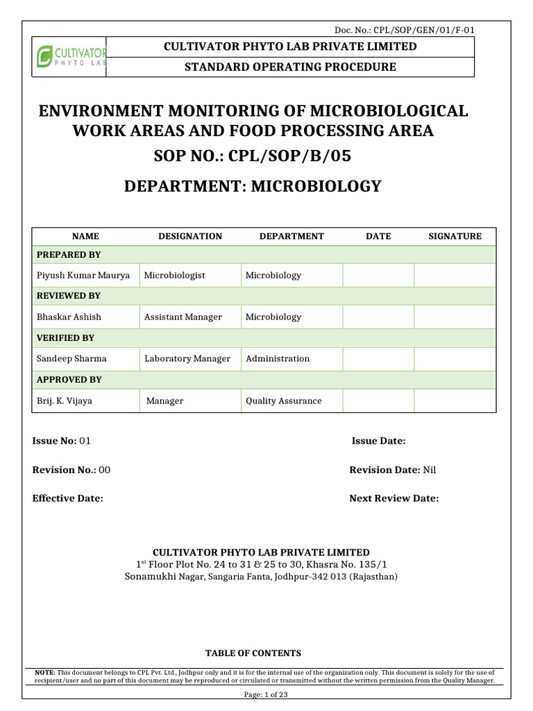SOP for Environmental Monitoring in Microbiology | PDF | Colony Forming ...