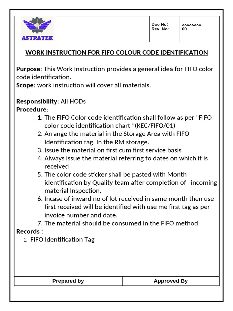 FIFO Work Instructionfor Identification of Color Code | PDF