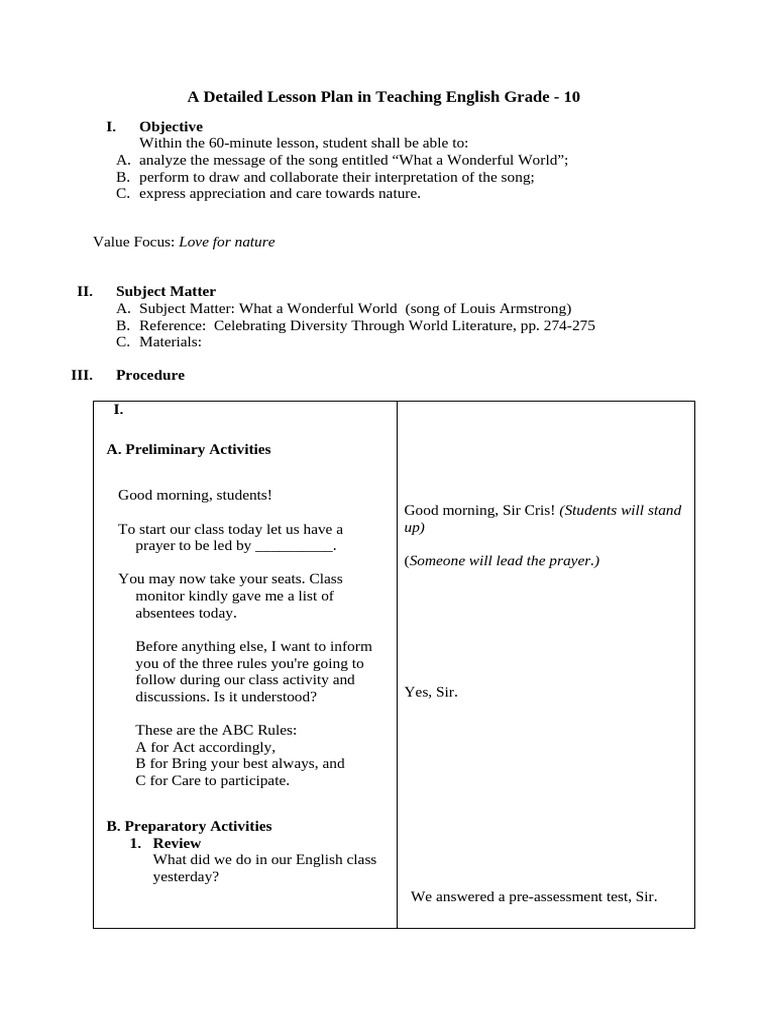 English 10 Lesson Plan: Nature Appreciation | PDF