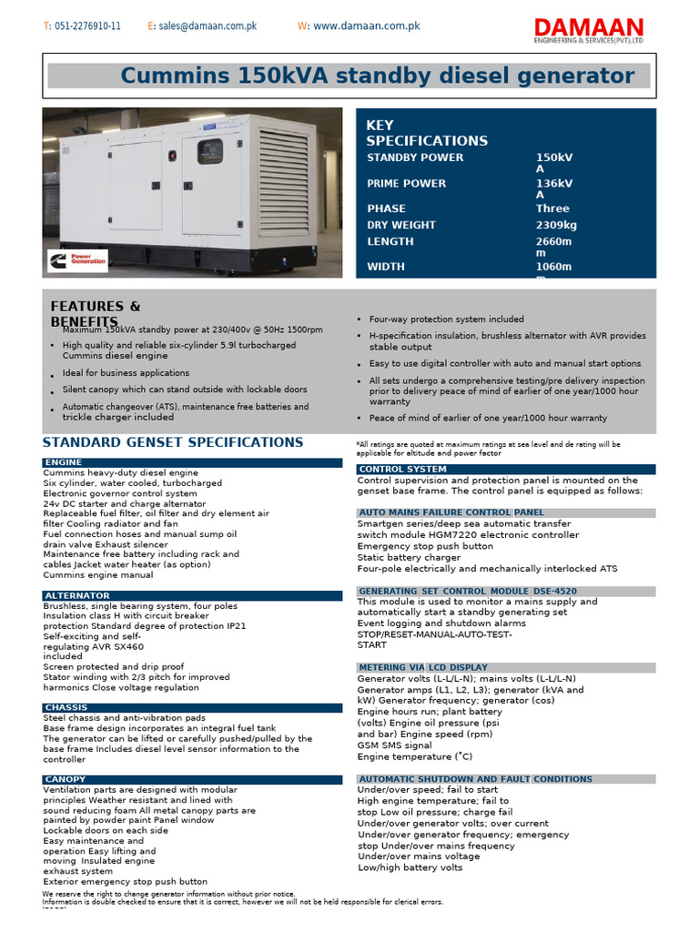 Cummins 150kVA Generator Specifications | PDF | Diesel Engine ...