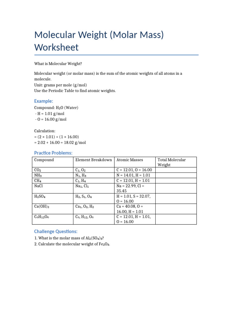 Molecular Weight Worksheet | PDF