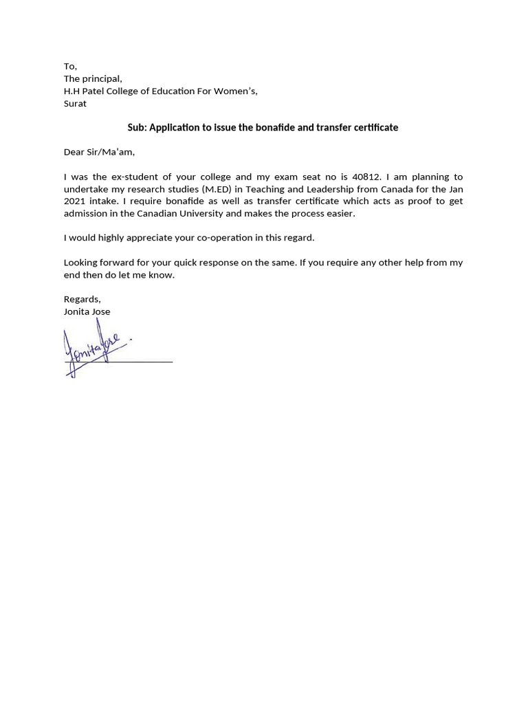 Application Letter For Bonafide | PDF