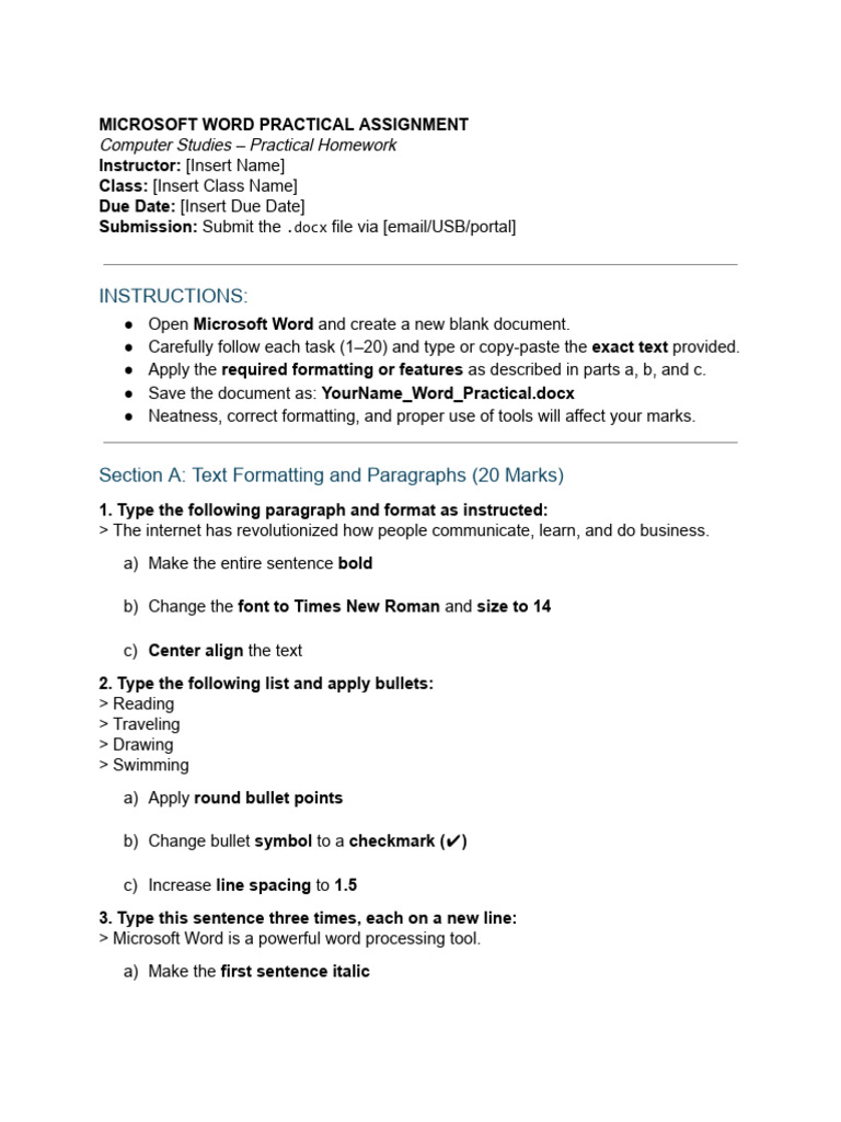 MS Word Practical Assignment Guide | PDF | Microsoft Word | Text