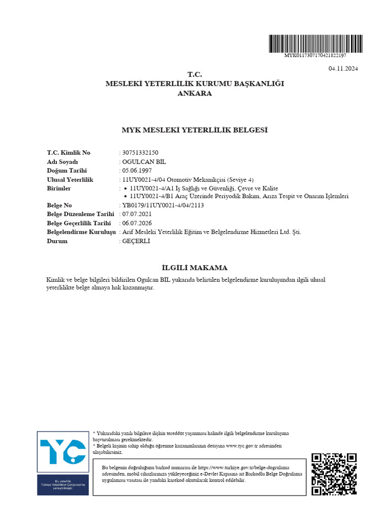 Mesleki Yeterlilik Belgesi PDF