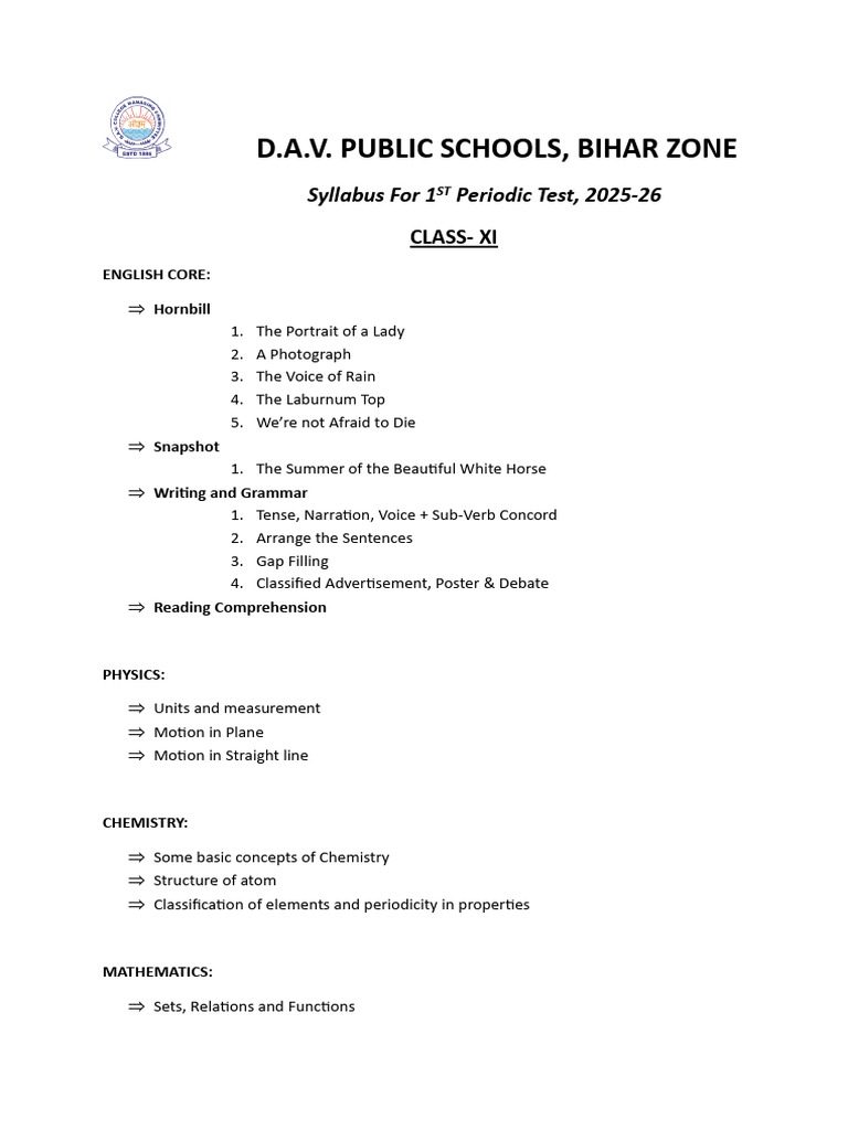 Class Xi Science Pt 1 Syllabus Pdf