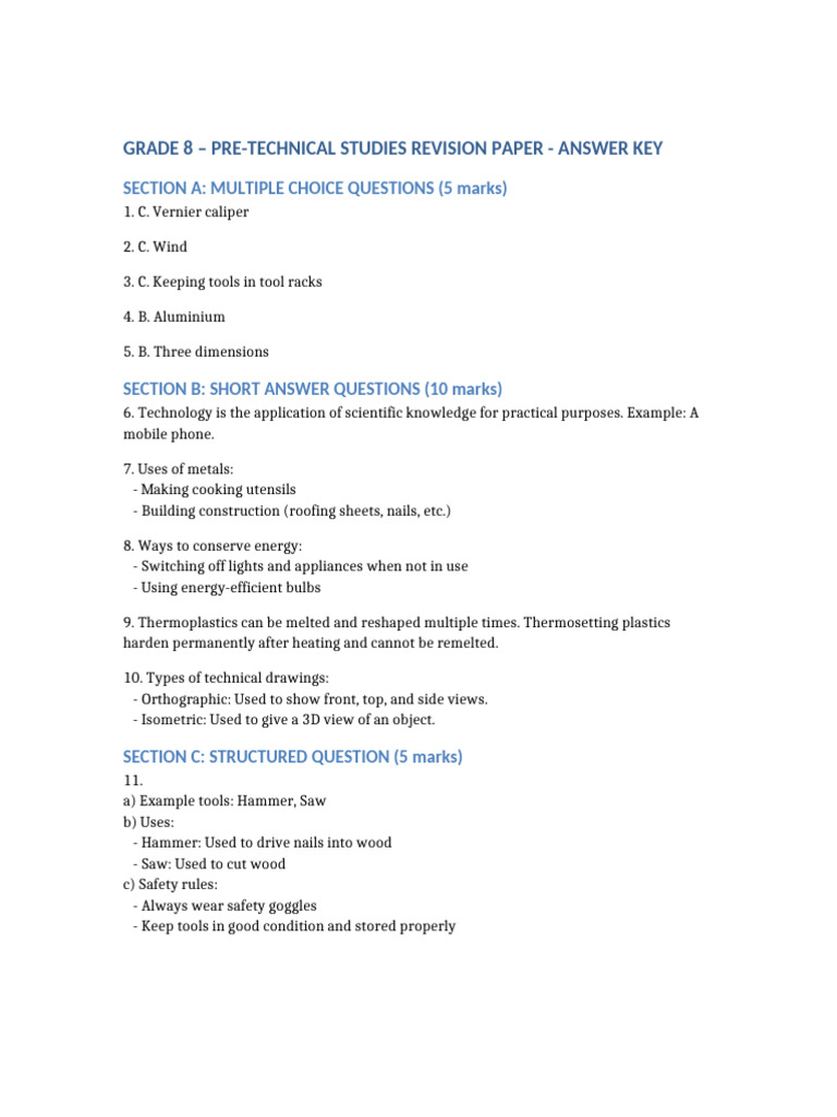 Grade 8 Pre-Technical Studies Answer Key | PDF