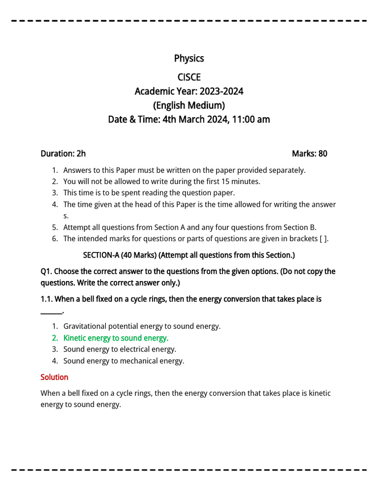 CISCE Physics Exam Paper 2024 | PDF