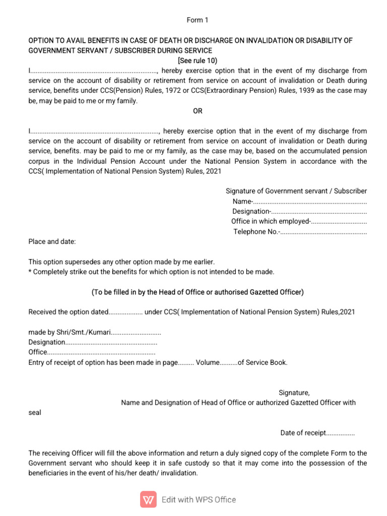 NPS Option Forms 1 & 2 for Benefits | PDF