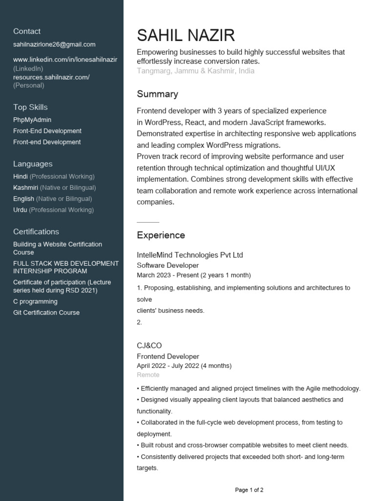 Frontend Developer Portfolio Summary | PDF | Web Development | Design