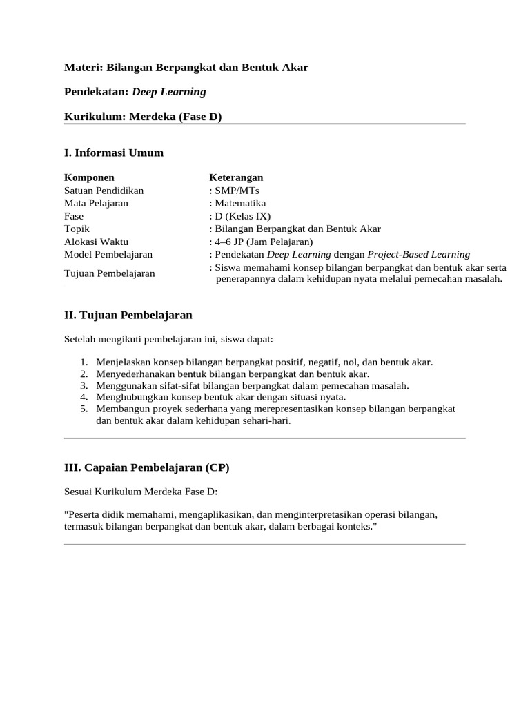 Modul Ajar Bilangan Berpangkat Kelas 9 Pdf