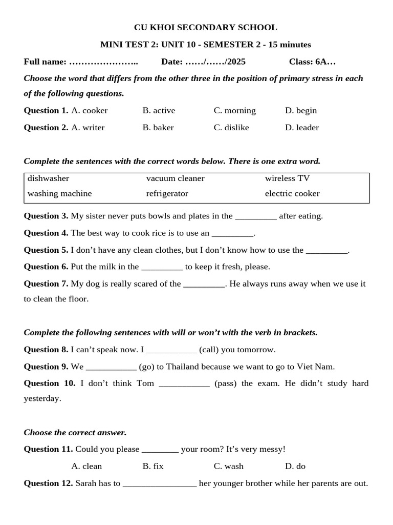 CU Khoi School Mini Test Unit 10 | PDF