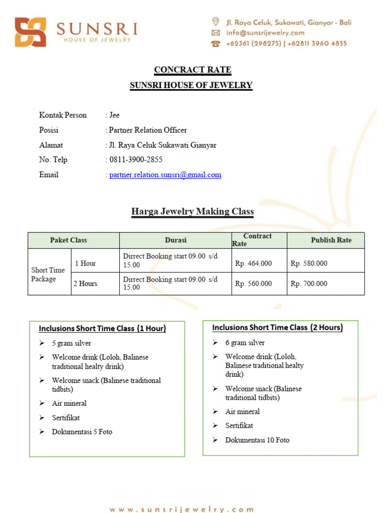 Contract Rate Jewelry Making Class, SUNSRI House of Jewelry | PDF