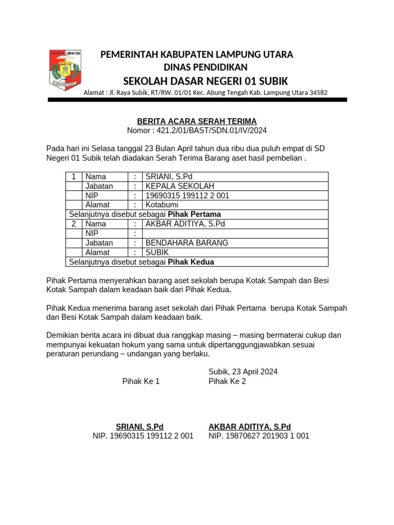 Berita Acara Serah Terima Aset SDN 01 Subik | PDF