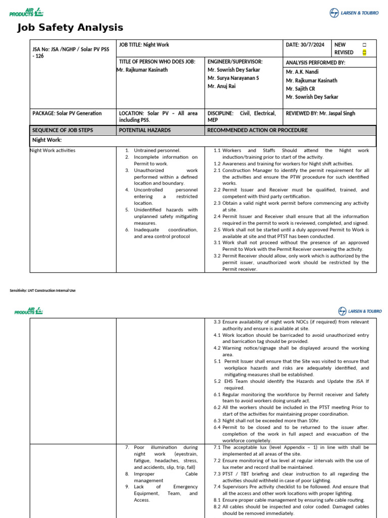 Night Work Job Safety Analysis Guide | PDF | Hazards | Housekeeping