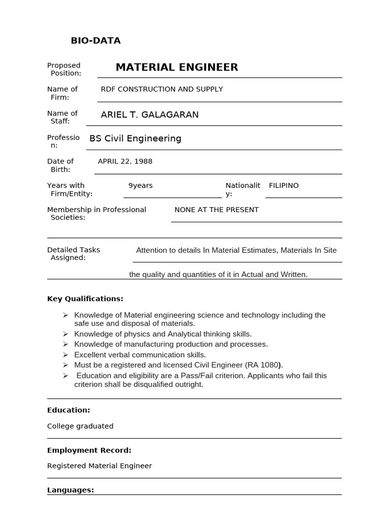 Material Engineer Bio: Ariel T. Galagaran | PDF