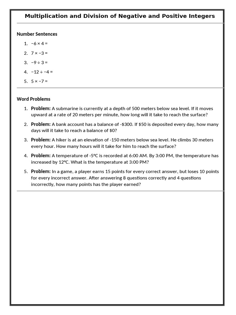Integer Operations Word Problems | PDF