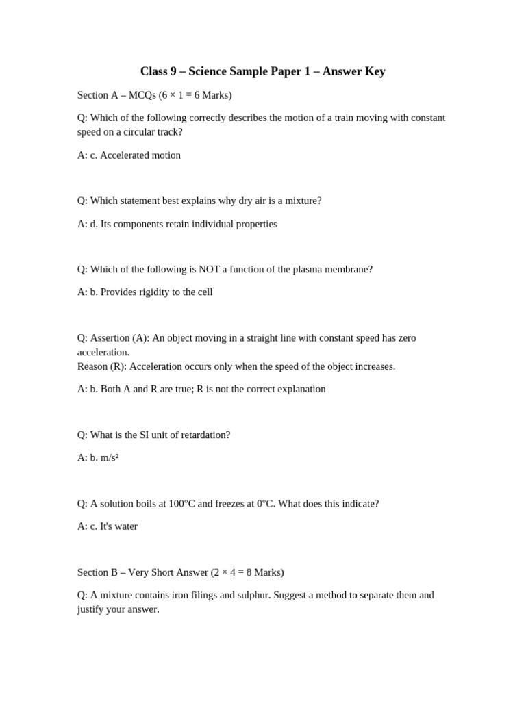 Class 9 Science Sample Paper Answer Key | PDF | Acceleration | Force