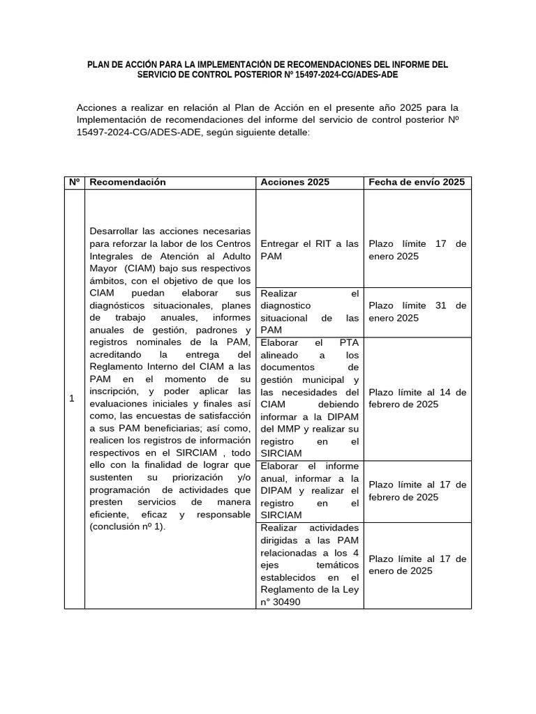 Plan de Acción para La Implementaciòn de Recomendaciones Del Informe ...