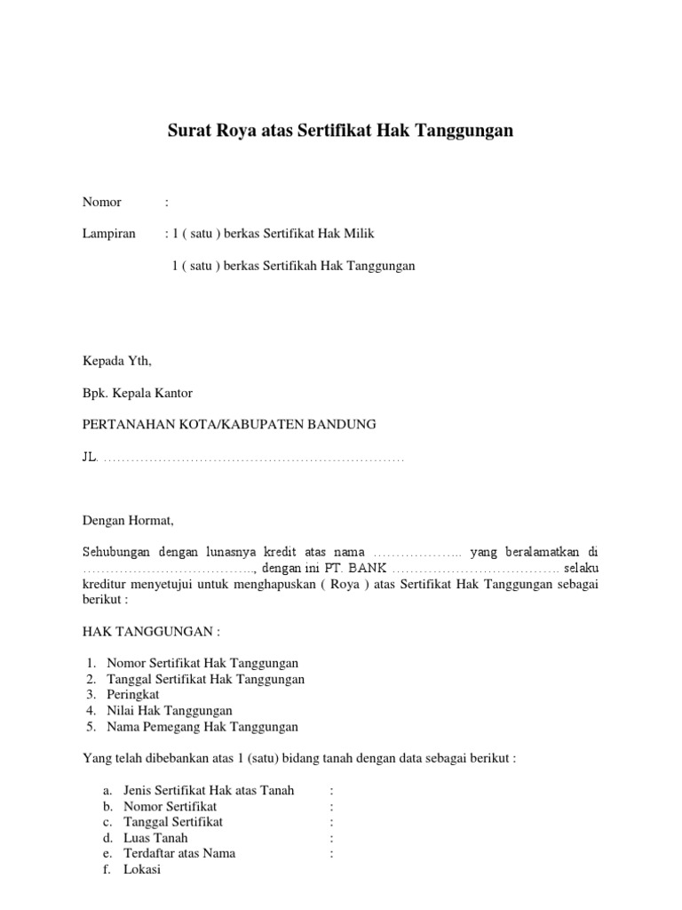 Surat Roya Atas Sertifikat Hak Tanggungan