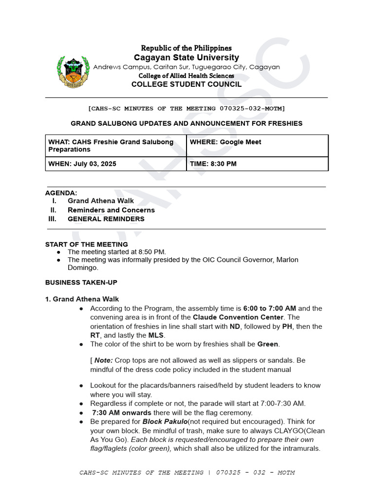 Cahs SC Minutes of The Meeting 070225 032 Motm | PDF