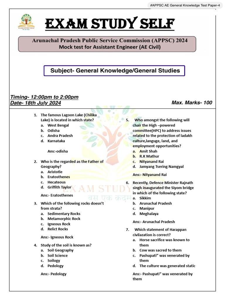 APPSC AE Civil General Knowledge Test | PDF