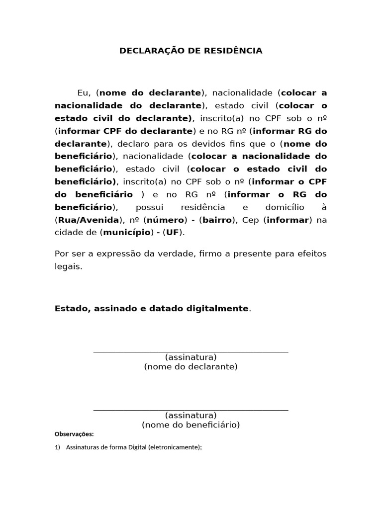 Modelo de Declaração de Residência | PDF