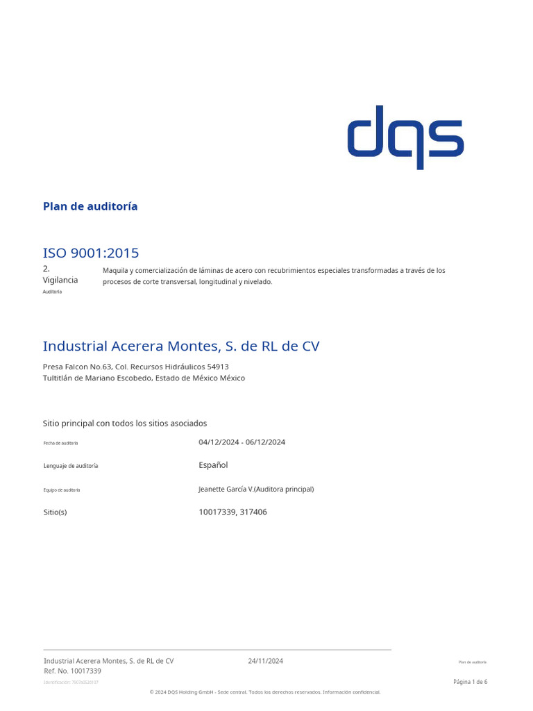 Plan de Auditoría ISO 9001:2015 DQS México | PDF | Auditoría | Análisis ...