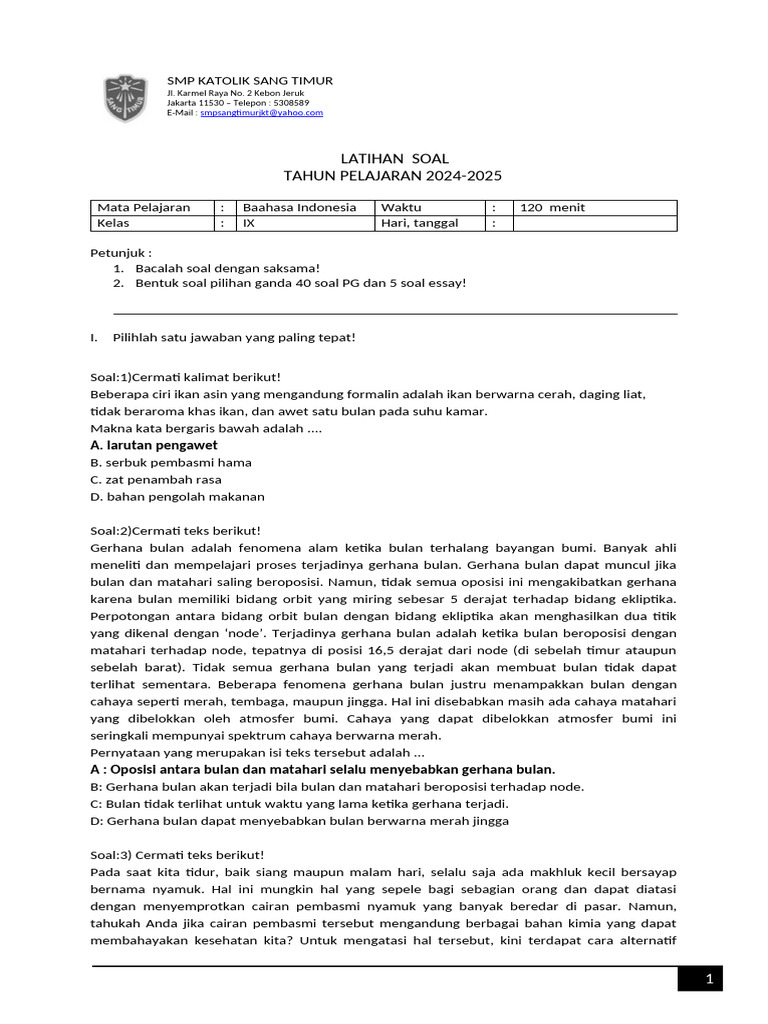 Latihan Soal Bahasa Indonesia Kelas IX | PDF