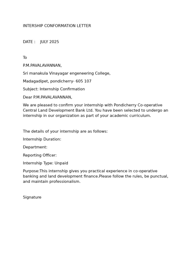 Internship Confirmation Letter Template | PDF