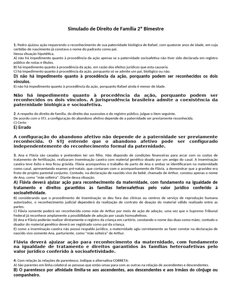 Simulado de Direito de Família: Questões e Respostas | PDF | Pensão ...