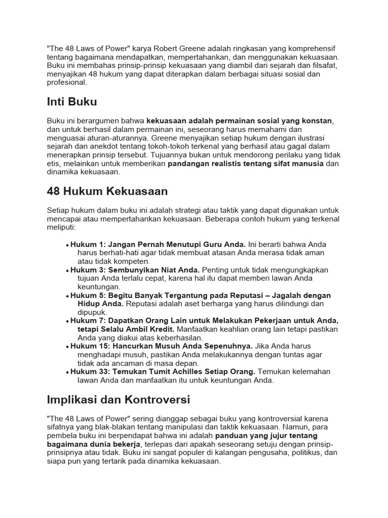 Ringkasan 48 Hukum Kekuasaan Greene | PDF