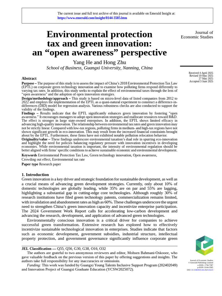 Impact of China's Environmental Tax on Green Innovation | PDF ...