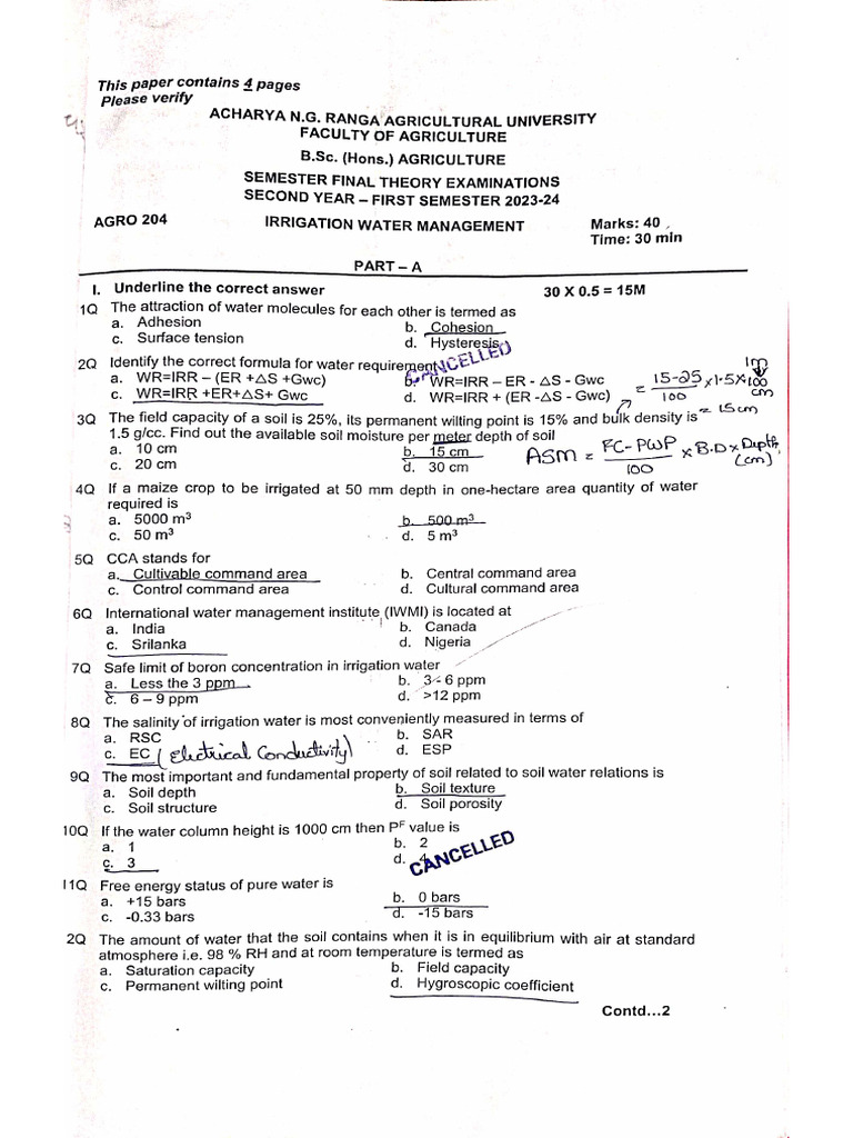 AGRO 204 Previous Year Paper | PDF