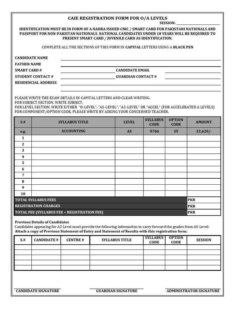CAIE O/A Levels Registration Form | PDF | Identity Document | Access ...