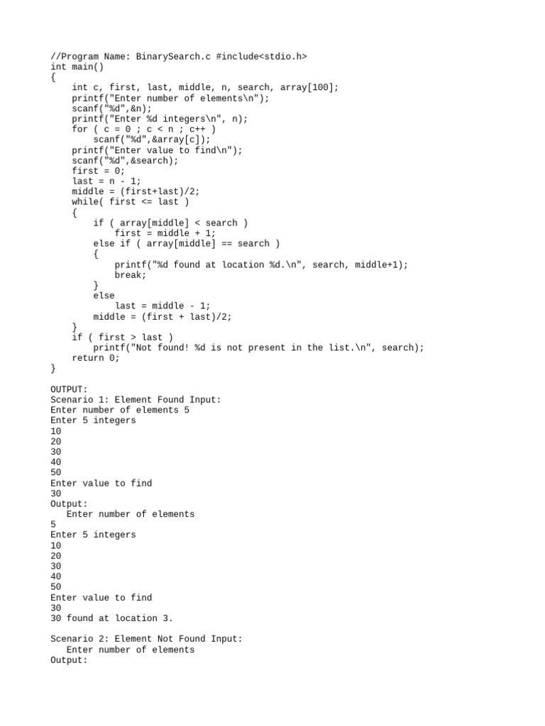 Binary Search Algorithm in C | PDF