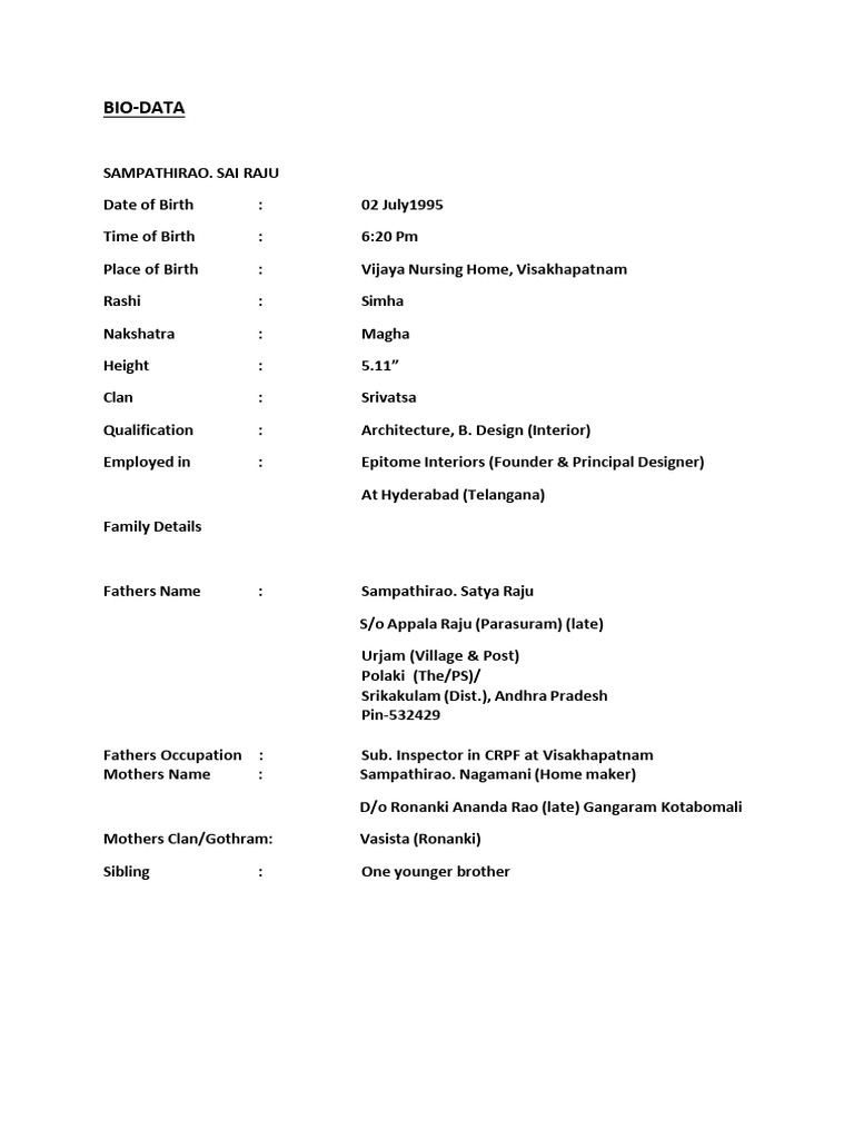 Bio Data S.sai Raju | PDF