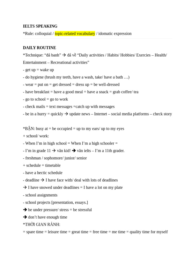 IELTS Speaking: Daily Routine Vocabulary | PDF