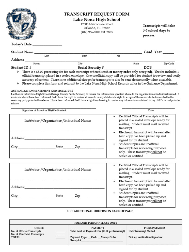 Lake Nona High School Transcript Request | PDF