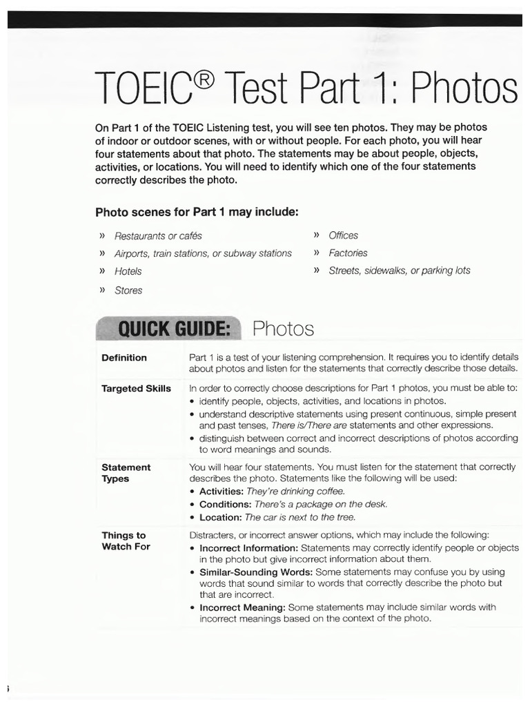 TOEIC Listening Test Part 1 Guide | PDF | Linguistics
